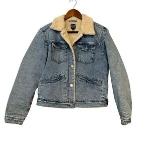 Women's GAP Blue Denim Sherpa Lined Jacket with Sherpa Collar